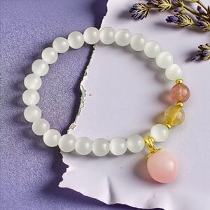 Elegant Natural Opal Beaded Dainty Stretchy Bracelet Pink Peach Charm